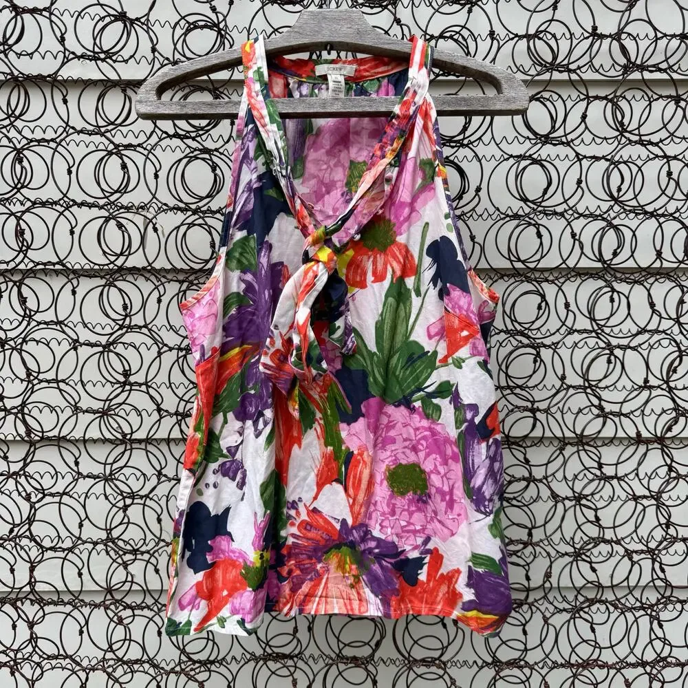 J Crew Silk Floral Garden Party Tie Neck Scarf Neck Sleeveless Blouse Size 10